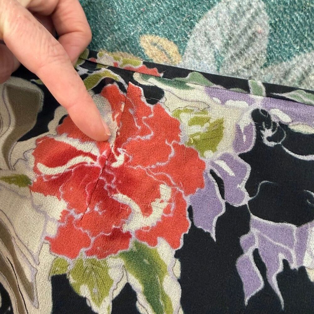 Silk Midi Skirt Vintage Adrianna Papell Size 12 Floral Print High Low Black Red - Picture 6 of 16